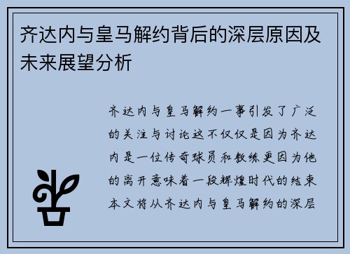 齐达内与皇马解约背后的深层原因及未来展望分析