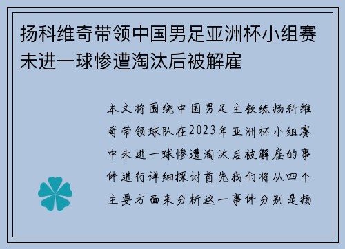 扬科维奇带领中国男足亚洲杯小组赛未进一球惨遭淘汰后被解雇